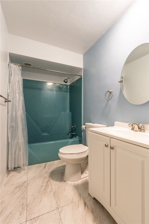 full bathroom with shower / bath combo, tile patterned flooring, toilet, and vanity