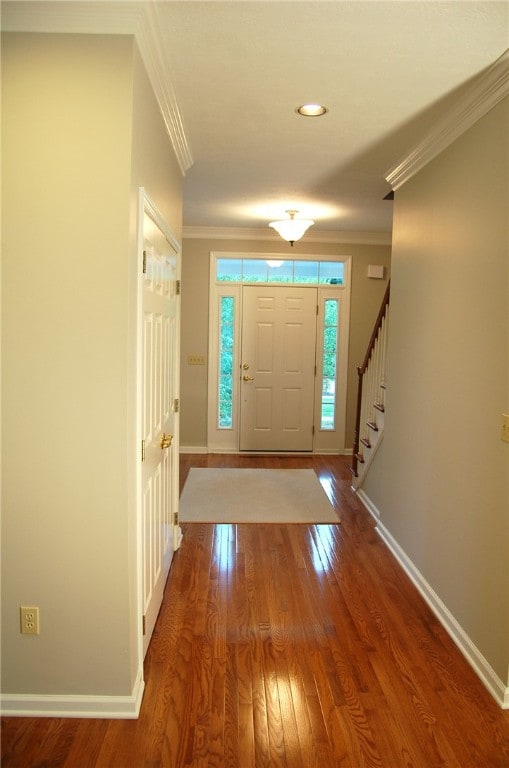 foyer with ornamental molding and wood-type flooring