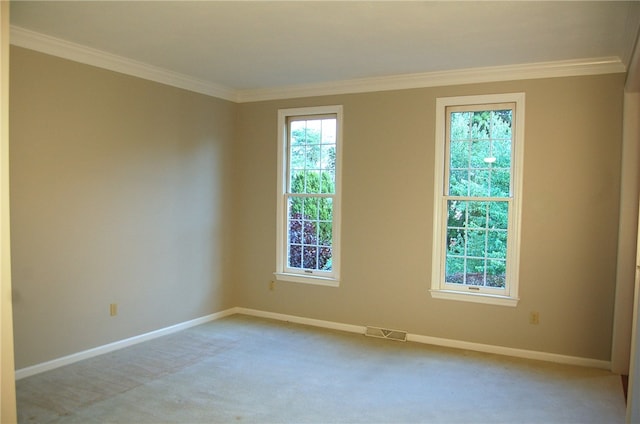 carpeted spare room with crown molding