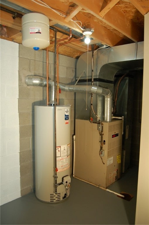 utility room with gas water heater and heating unit