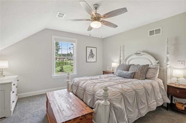 bedroom featuring lofted ceiling, carpet flooring, and ceiling fan