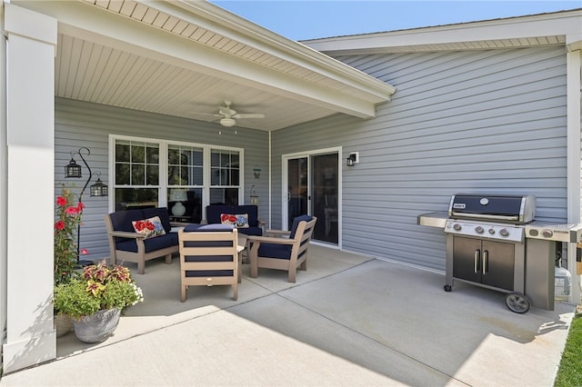 view of patio / terrace featuring area for grilling, ceiling fan, and outdoor lounge area