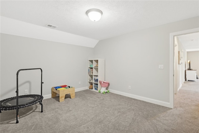 recreation room with lofted ceiling, carpet, and a textured ceiling