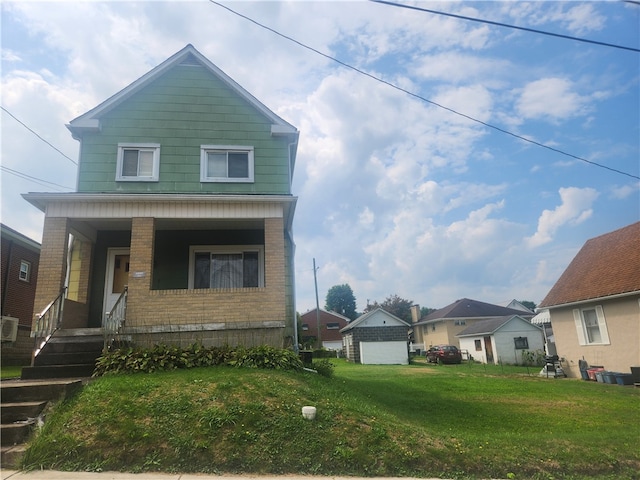 view of front of home with a porch and a front lawn