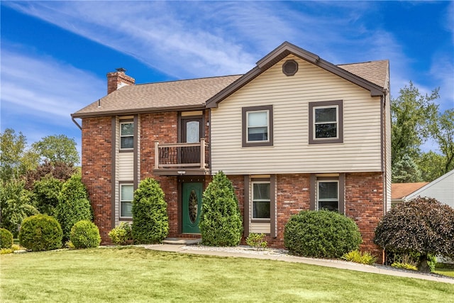 view of front of property featuring a balcony and a front lawn