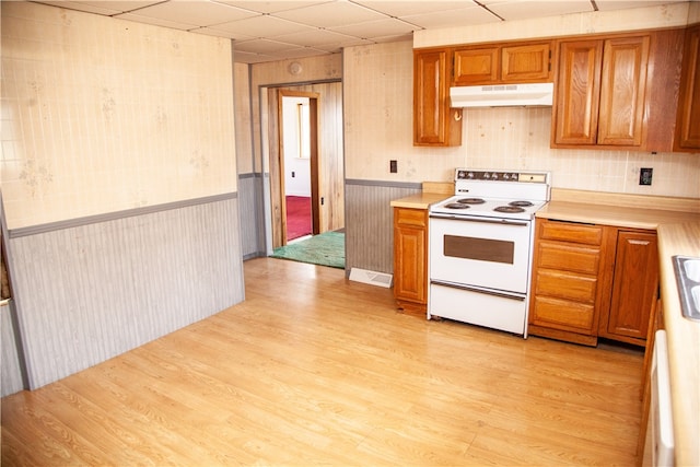 kitchen with light hardwood / wood-style flooring, white electric stove, and a drop ceiling