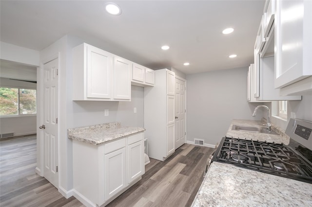 kitchen featuring white cabinets, sink, dark hardwood / wood-style floors, stainless steel range, and light stone countertops