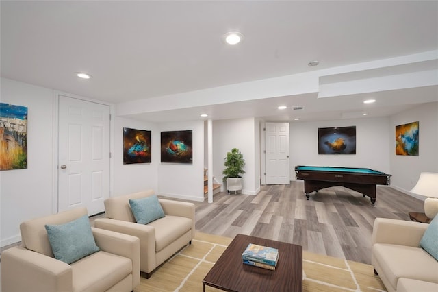 interior space with billiards and light hardwood / wood-style floors