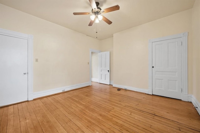 empty room with light hardwood / wood-style flooring and ceiling fan