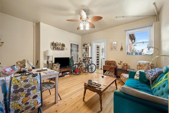 living room with ceiling fan and light wood-type flooring