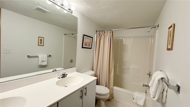 full bathroom featuring vanity, toilet, shower / tub combo with curtain, and tile patterned flooring