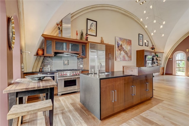 kitchen featuring light wood-type flooring, tasteful backsplash, a kitchen island with sink, vaulted ceiling, and high quality appliances