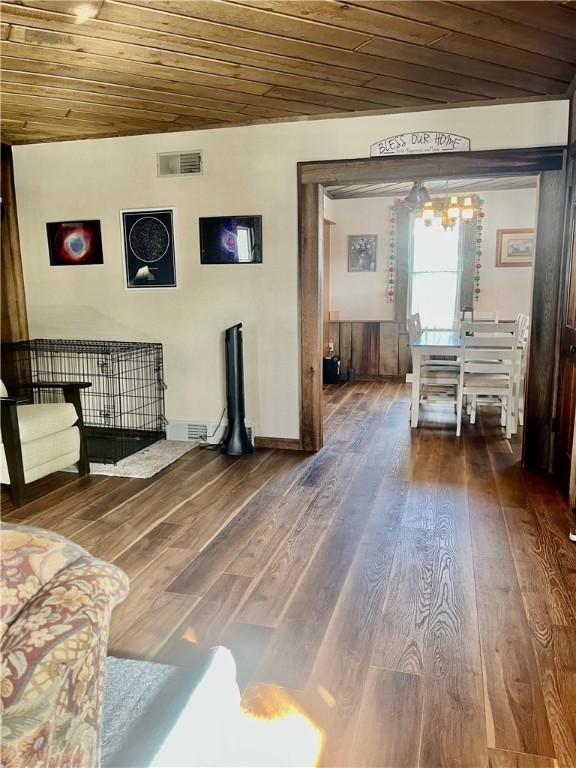 interior space featuring hardwood / wood-style floors and wooden ceiling