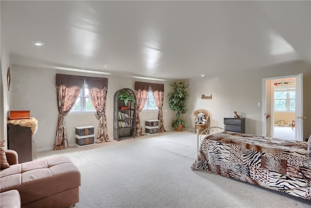 bedroom with heating unit and carpet floors