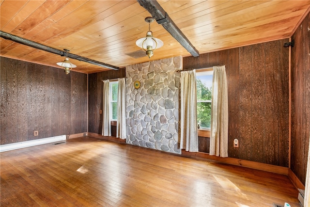 empty room featuring wood ceiling, wood-type flooring, and wood walls