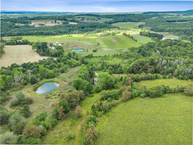 birds eye view of property with a water view and a rural view