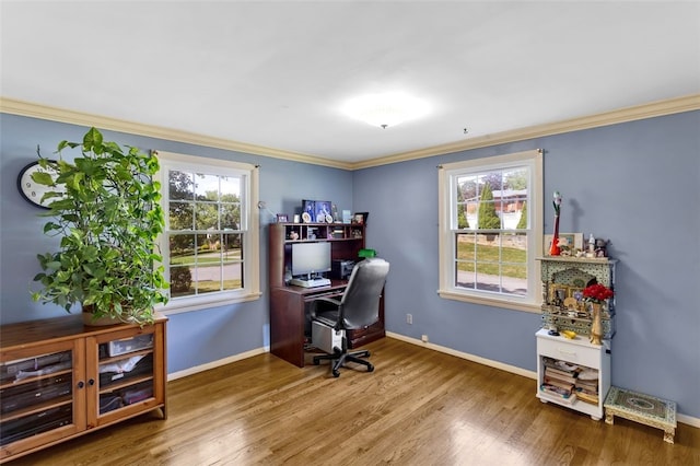 home office with a healthy amount of sunlight, hardwood / wood-style flooring, and ornamental molding