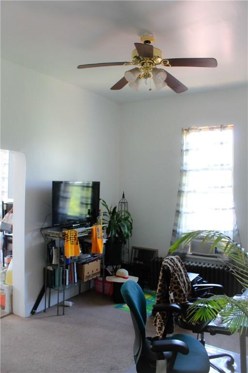 carpeted office space featuring ceiling fan