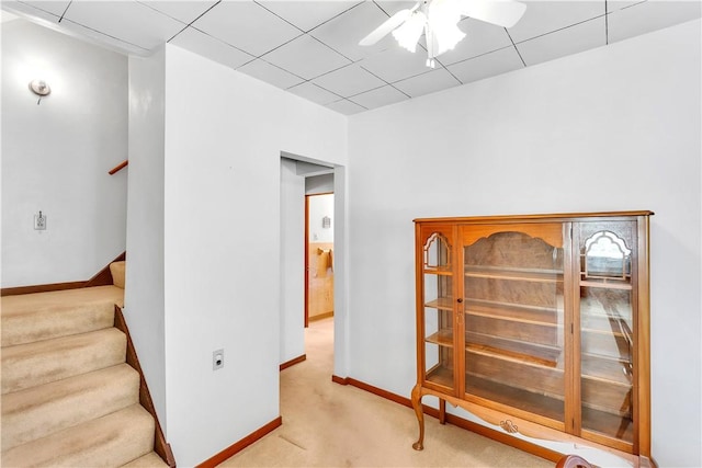 hall with a paneled ceiling, carpet flooring, baseboards, and stairs