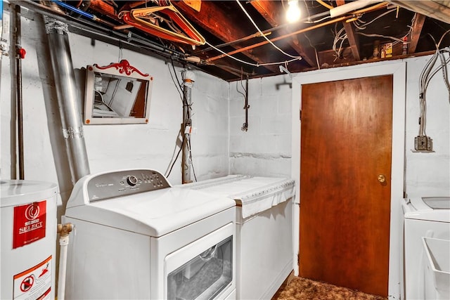 laundry room featuring water heater, laundry area, and washing machine and dryer