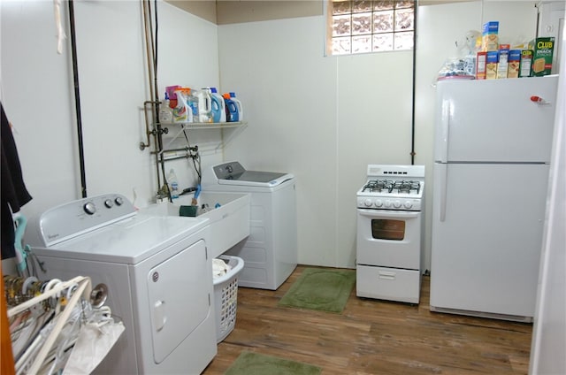 laundry area featuring dark hardwood / wood-style flooring and separate washer and dryer