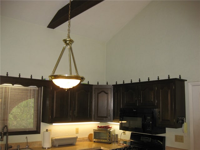 kitchen featuring black appliances, dark brown cabinets, and vaulted ceiling