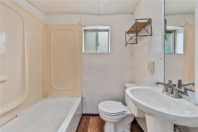 full bath with a wealth of natural light, wood finished floors, a sink, and toilet