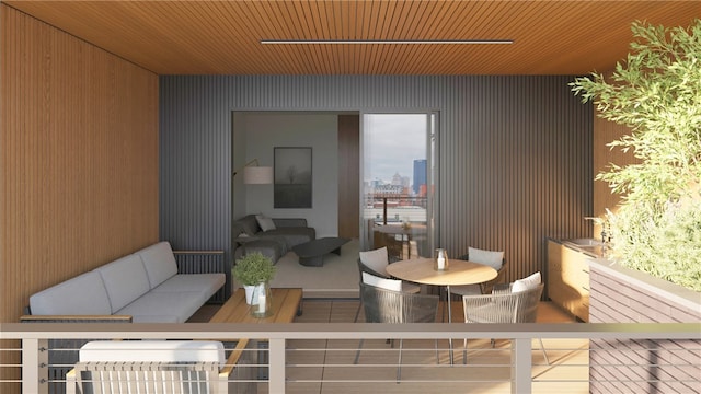 living room with wood ceiling, wood walls, and tile patterned floors