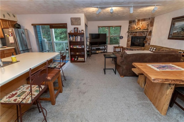 living room featuring rail lighting, a fireplace, and light carpet
