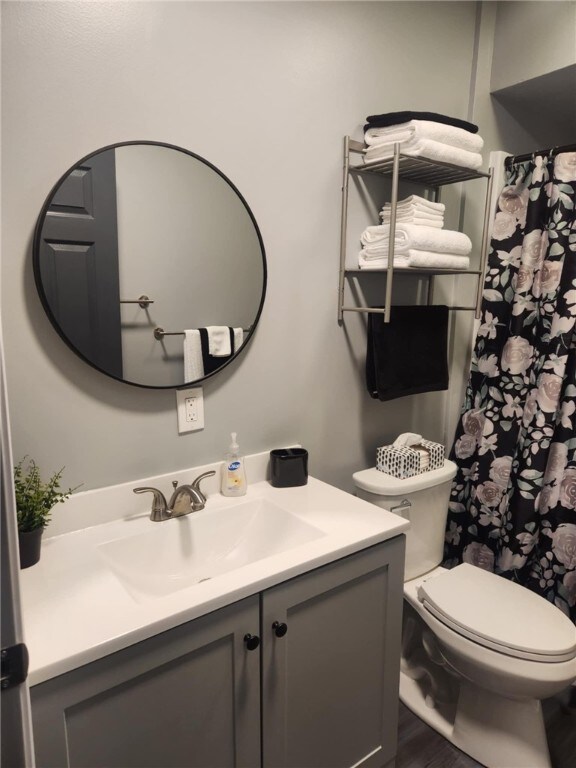 bathroom featuring toilet, hardwood / wood-style flooring, and vanity