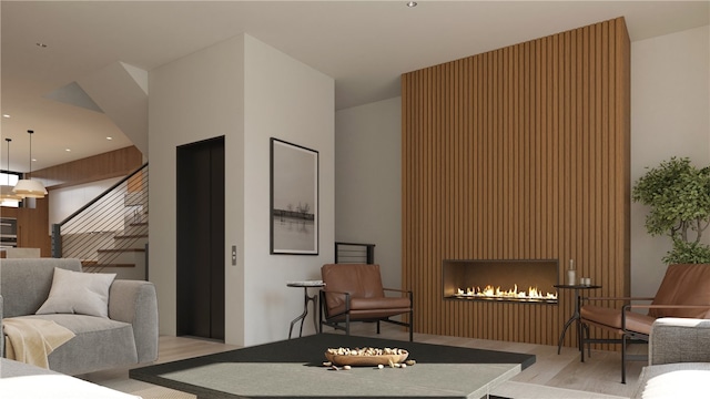 living room with a fireplace and light wood-type flooring