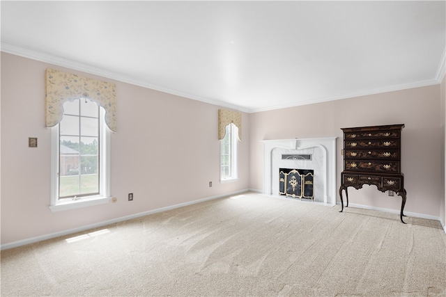 unfurnished living room with light carpet and ornamental molding