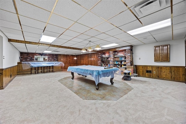 6840 Kevin Dr, Bethel Park, PA 15102 - game room with wood walls, billiards table, a wainscoted wall, a drop ceiling, and carpet floors