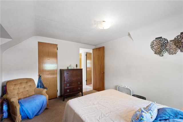 carpeted bedroom featuring vaulted ceiling