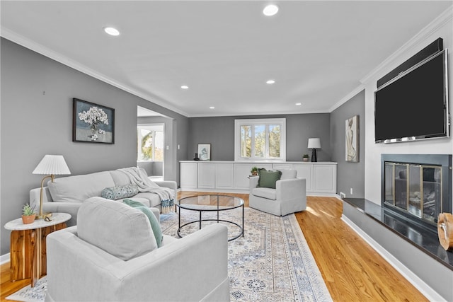 living room featuring ornamental molding and light hardwood / wood-style floors