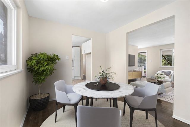 dining space featuring wood-type flooring