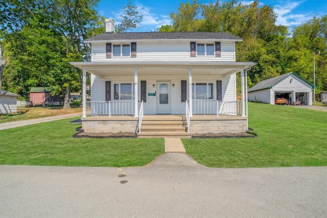 bungalow featuring a front yard, a storage unit, and covered porch