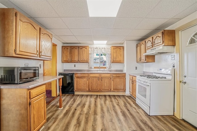 kitchen with black dishwasher, light hardwood / wood-style flooring, white range with gas cooktop, and a drop ceiling