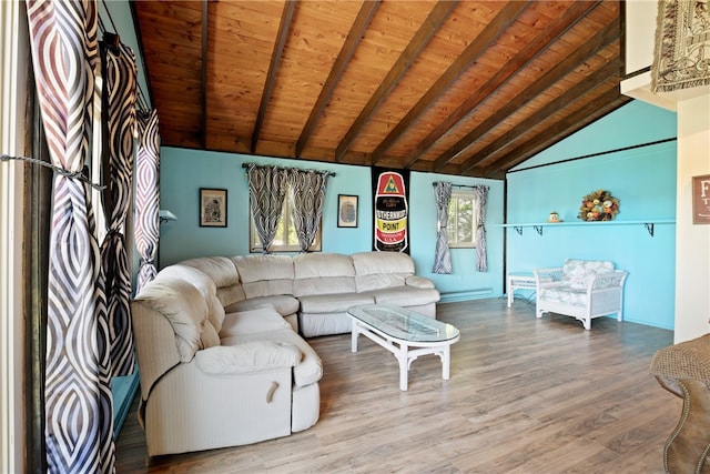 living room featuring hardwood / wood-style floors, wooden ceiling, and vaulted ceiling with beams