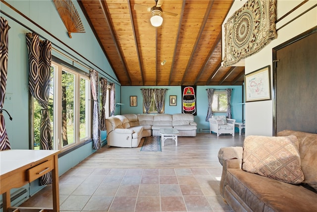 living room with wood ceiling, plenty of natural light, light wood-type flooring, and lofted ceiling with beams