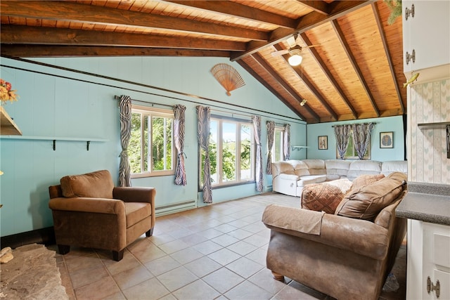 tiled living room featuring a baseboard heating unit, wooden ceiling, and lofted ceiling with beams