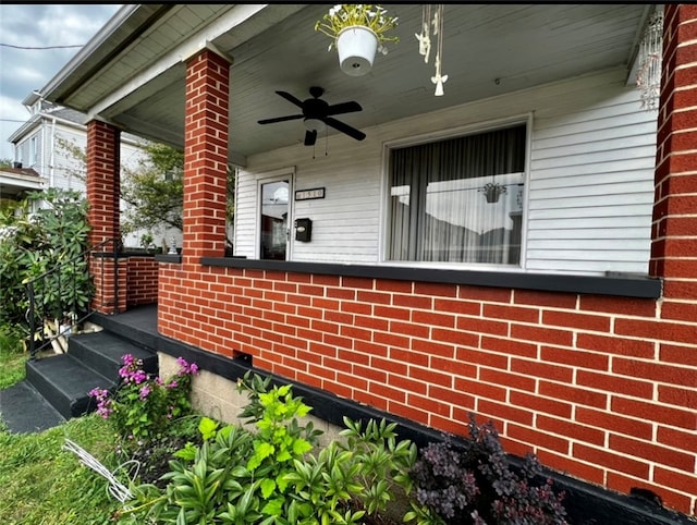 view of home's exterior featuring covered porch and ceiling fan