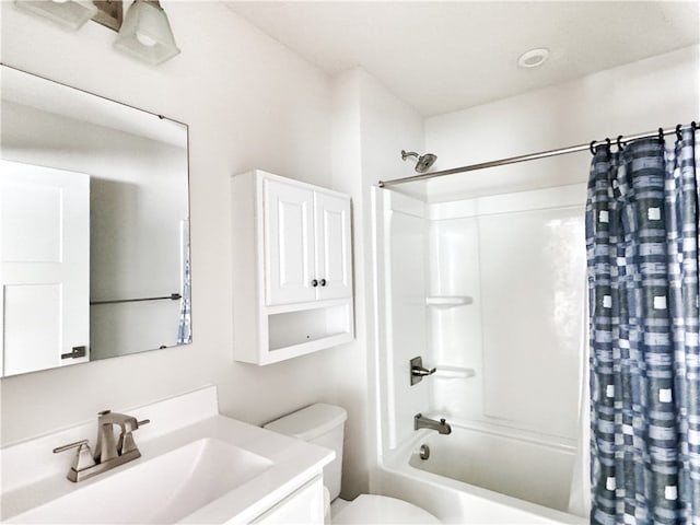 full bathroom with vanity, toilet, and shower / bathtub combination with curtain