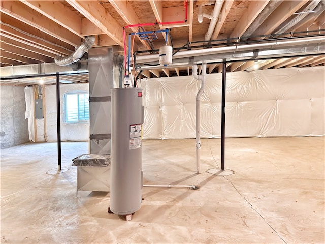 basement with water heater and electric panel