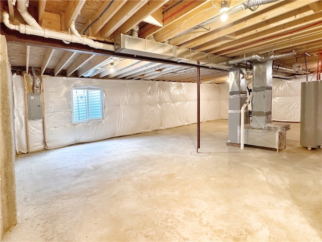 basement with electric panel and water heater