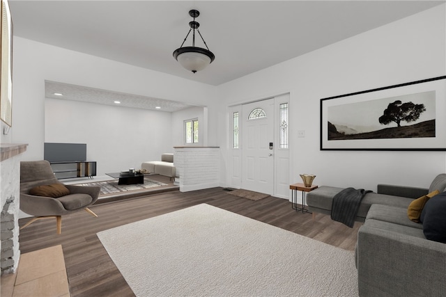 living room with dark wood-type flooring