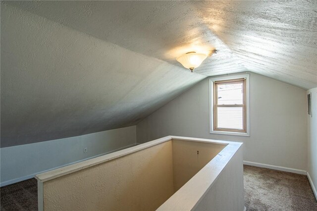 bonus room featuring a textured ceiling, lofted ceiling, and carpet