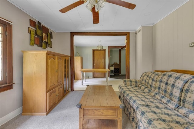 44868 Warner Rd, Pa, PA 16354 - living area with ceiling fan, baseboards, light carpet, and plenty of natural light