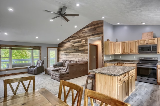 kitchen with a kitchen island, light hardwood / wood-style flooring, appliances with stainless steel finishes, high vaulted ceiling, and ceiling fan