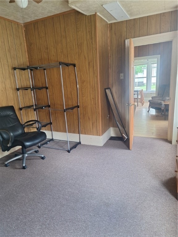 exercise area with wood walls, ceiling fan, and carpet floors